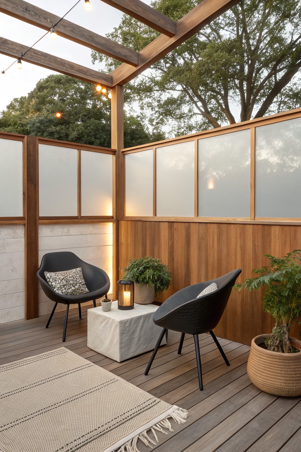 An outdoor wooden deck enclosed with frosted glass panels in the upper walls, two modern chairs, a concrete table, potted plants, and string lights overhead.