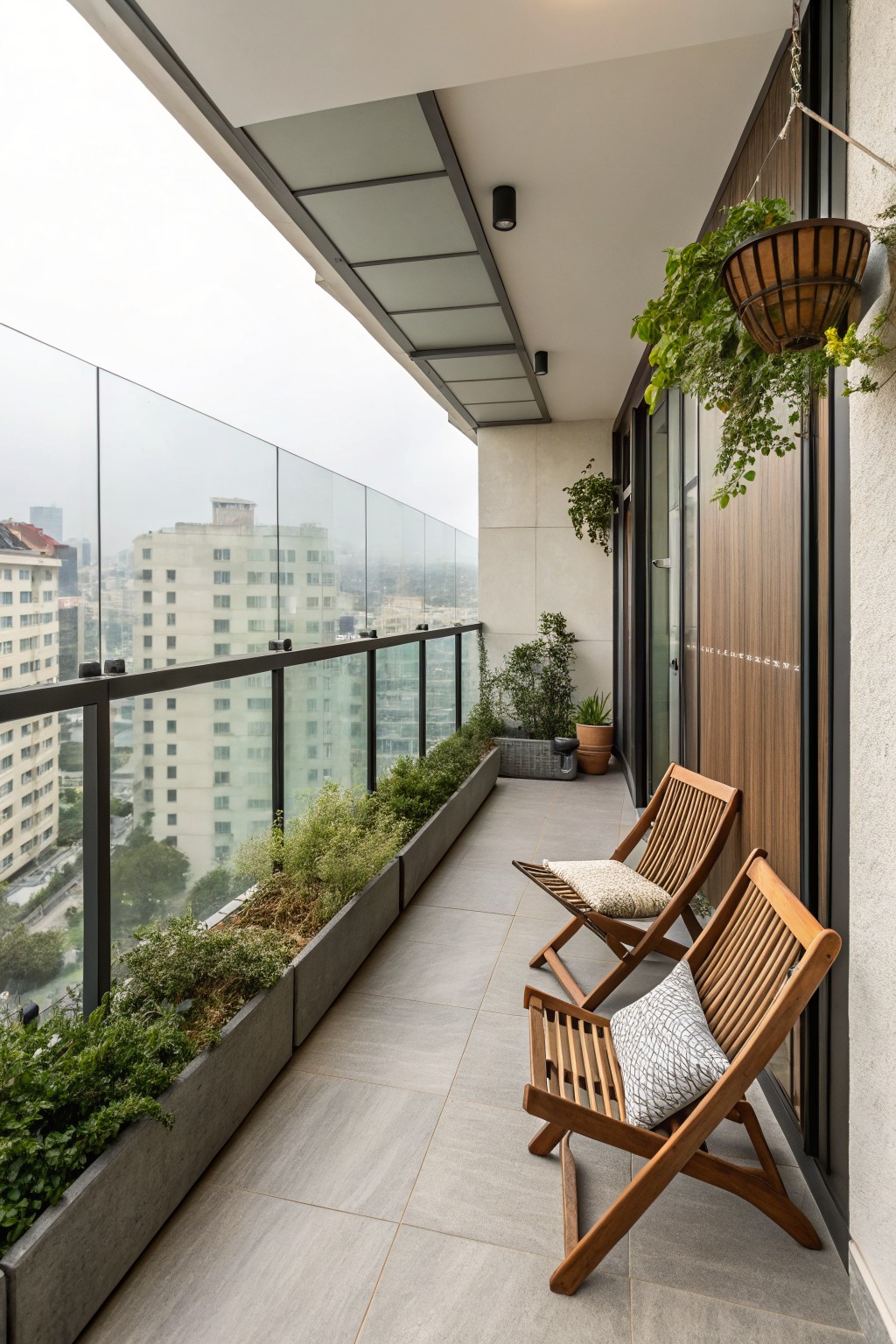 Modern balcony with wooden chairs, long planters, and city skyline view.