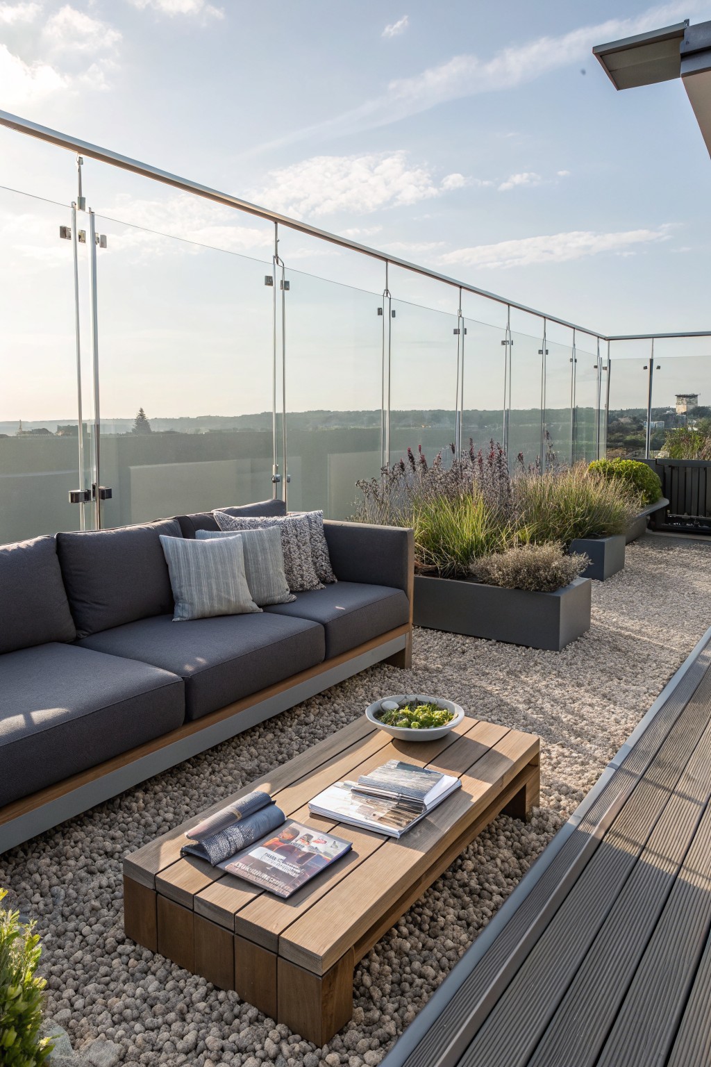 A modern rooftop deck with a dark gray sectional sofa, wooden coffee table on gravel, glass railing, and rectangular planters holding tall grasses and shrubs.