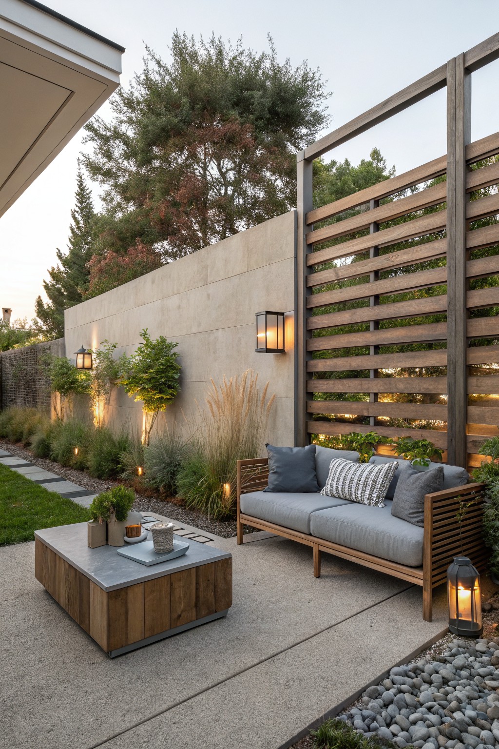 Outdoor patio with a wooden horizontal slat privacy screen beside a concrete wall, gray sofa, and surrounding plants.