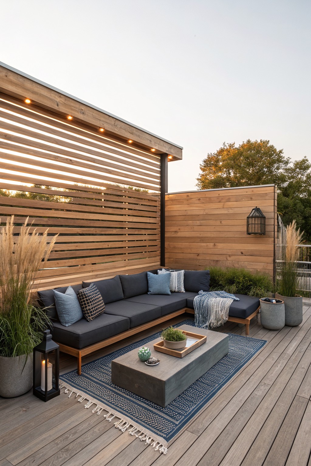 Modern wooden deck with gray sectional sofa, blue rug, and potted plants