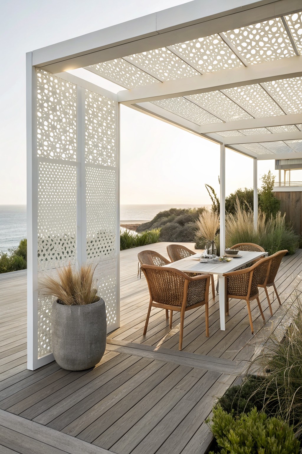 A modern outdoor deck with white perforated privacy panels, a dining table with woven chairs, and a large potted plant overlooking the ocean at sunset.