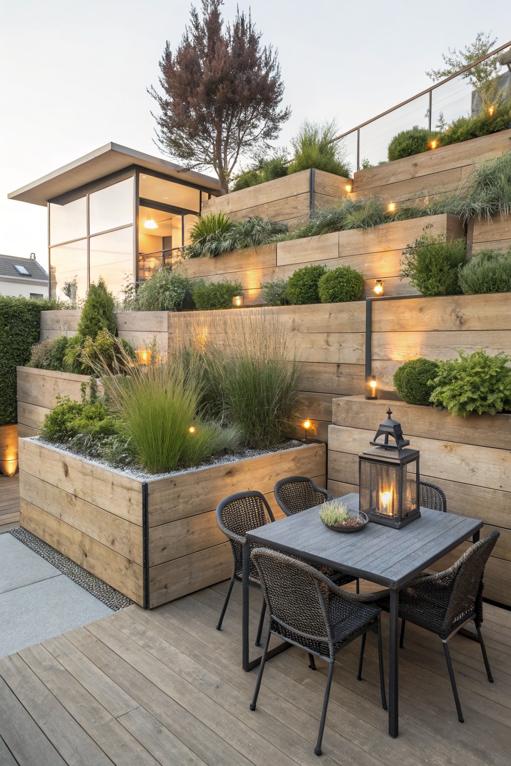 A wooden deck with a large raised planter box holding tall grasses and shrubs, a dark table and woven chairs, and tiered wooden walls with small lights behind the plants.