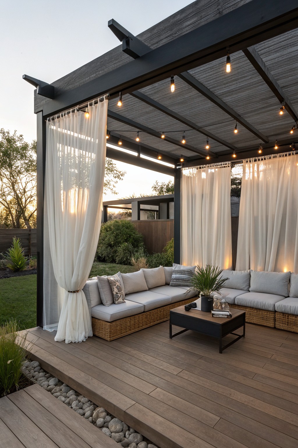 Modern deck with dark wood pergola, string lights, gray sectional sofa, black coffee table, and white sheer curtains hung along the sides.