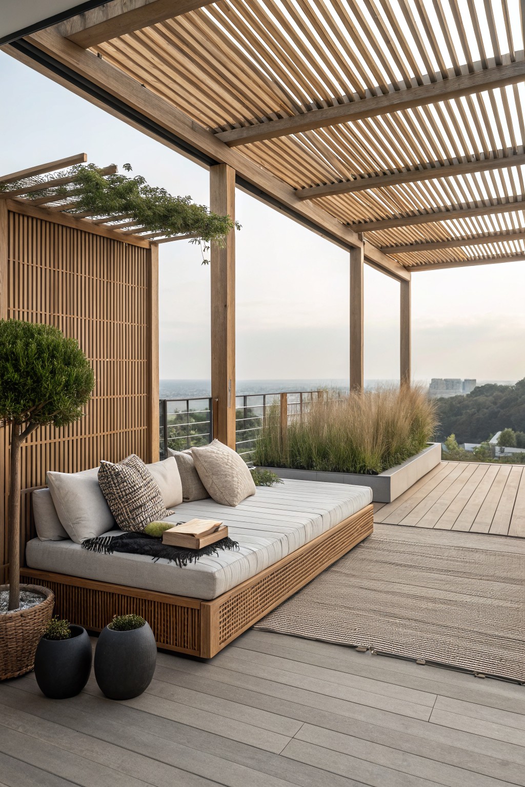 A modern wooden deck with a slatted pergola overhead, a built-in daybed with cushions, potted plants, and a distant landscape view.