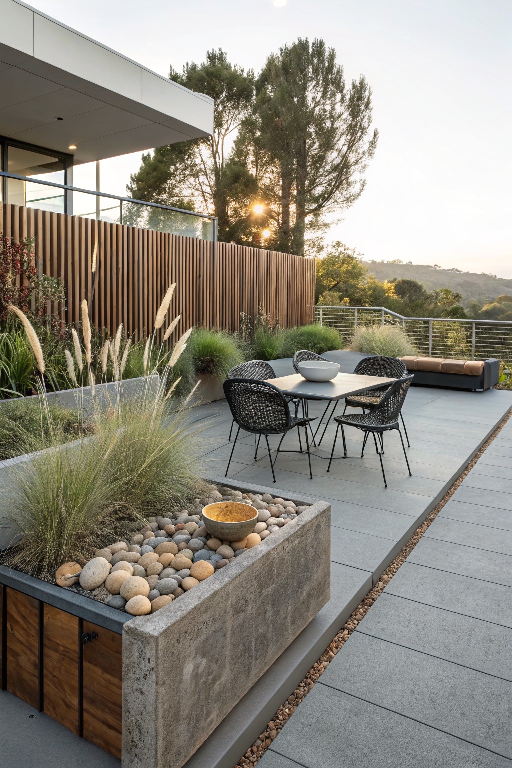 A modern deck with a dining table and black chairs, a concrete planter filled with pebbles and grasses, and a tall wooden slat fence running along the side.