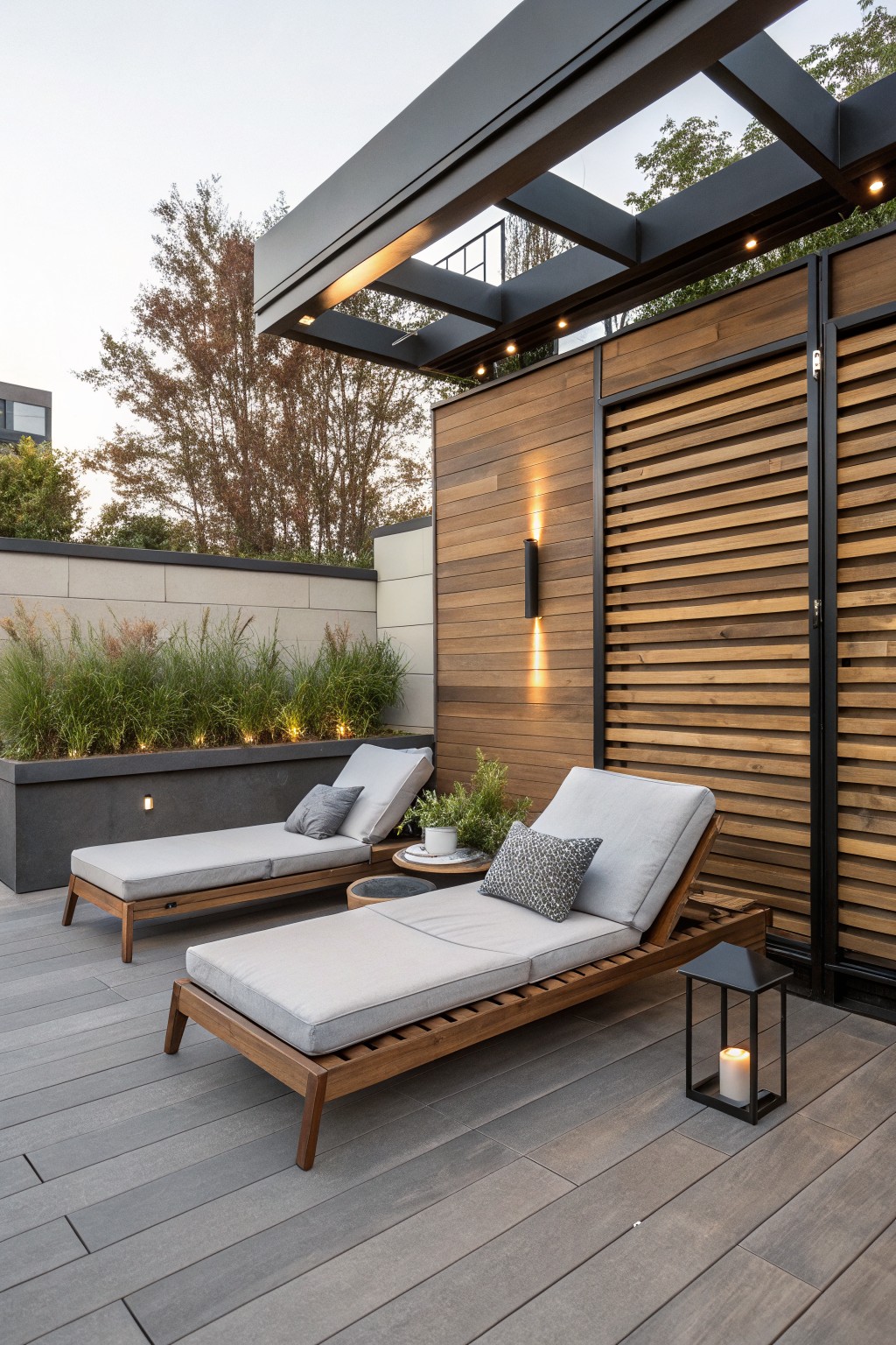 Two modern wooden lounge chairs on a deck under a lit pergola with lantern.