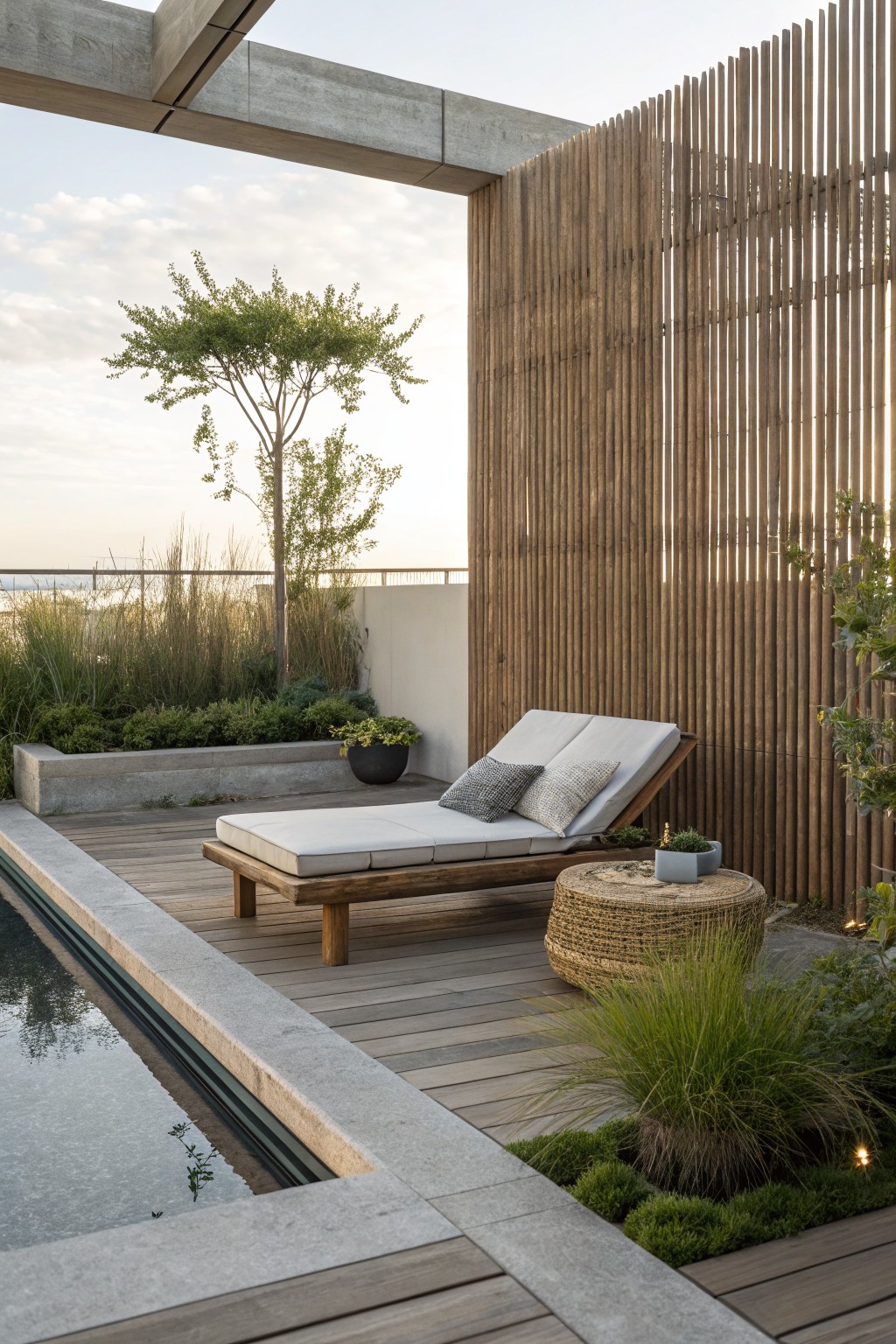 A modern deck with a tall vertical wood slat screen, lounge chair with cushions, woven side table, and small pool in the foreground.