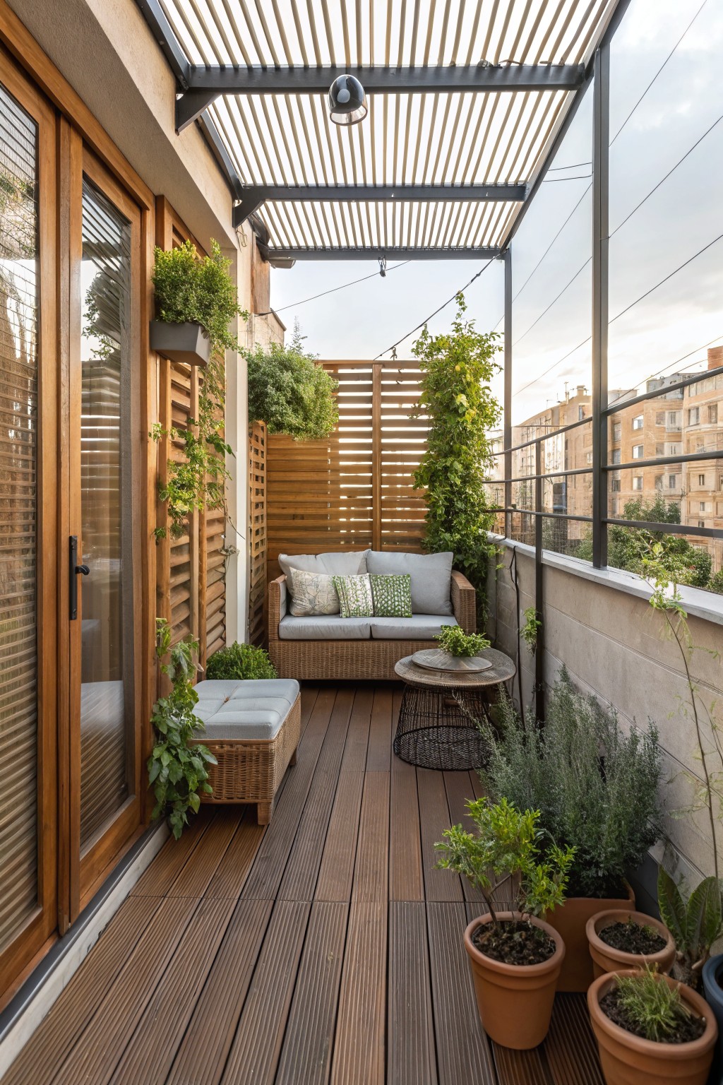 A furnished balcony deck with wood flooring, a wicker sofa, a round table, potted plants, and a wooden slat screen covered in climbing vines beneath an overhead slatted roof.