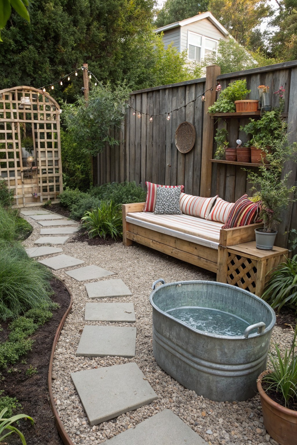 A wooden bench with striped and patterned cushions sits against a dark fence in a gravel backyard with stepping stones, potted plants, and string lights.