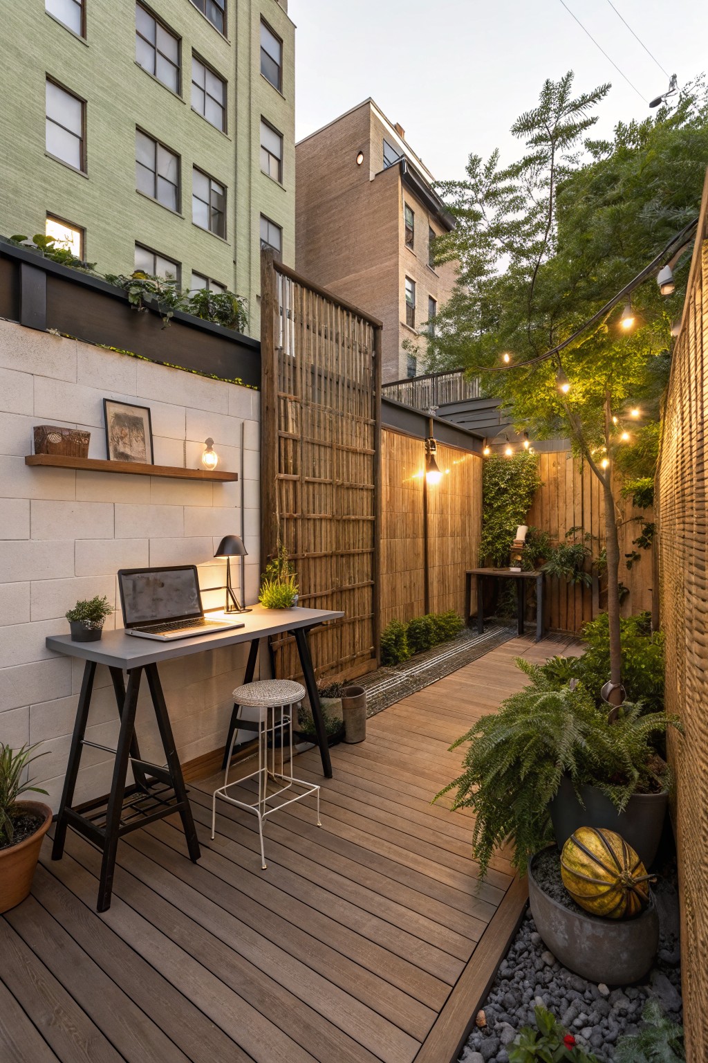 A narrow backyard deck holds a desk with a laptop and stool, surrounded by potted plants and string lights along a wooden fence.