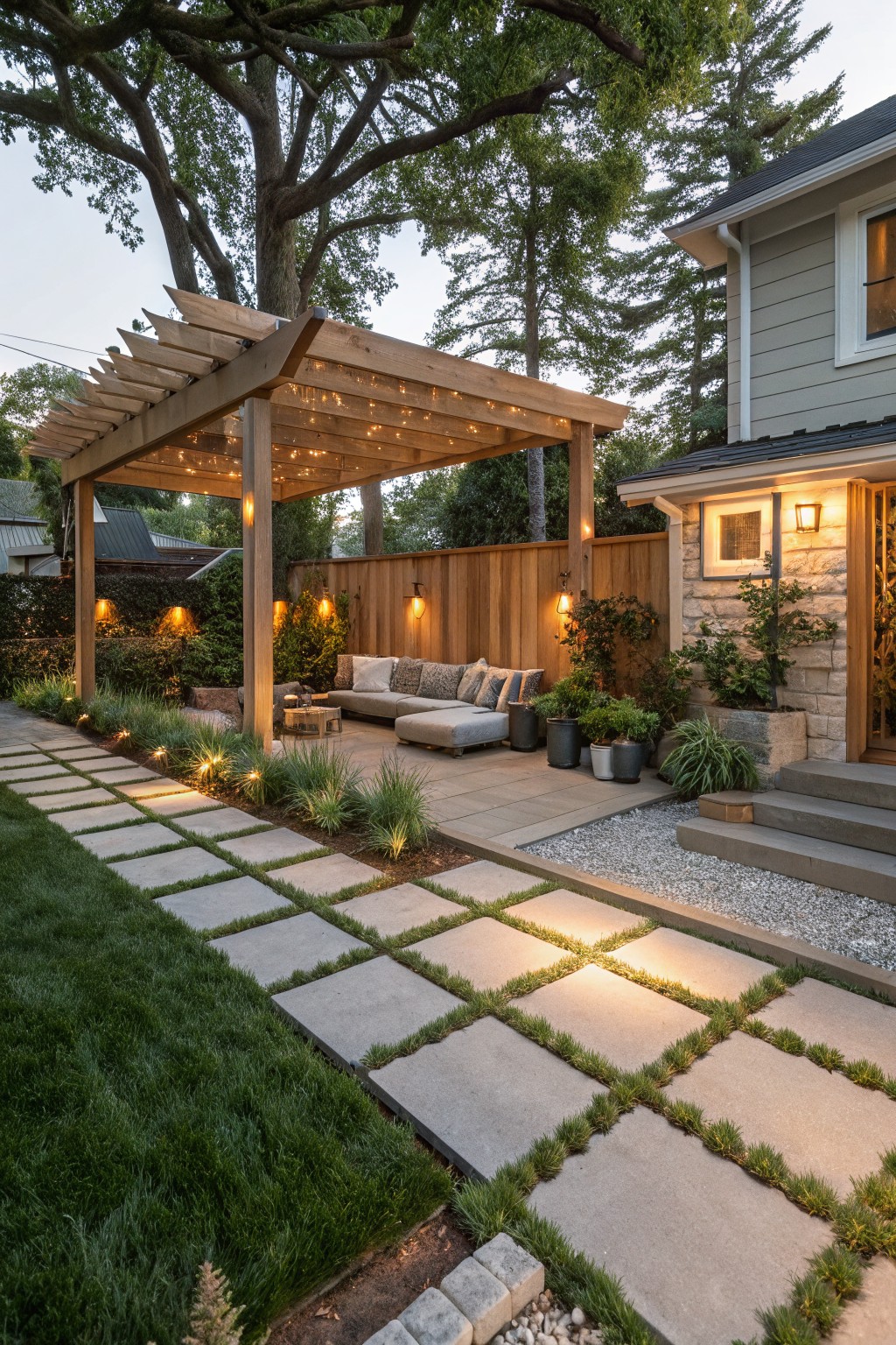 A wooden pergola with string lights covers an outdoor sofa on a paved patio next to a house, with a stone paver path running through grass in the foreground.