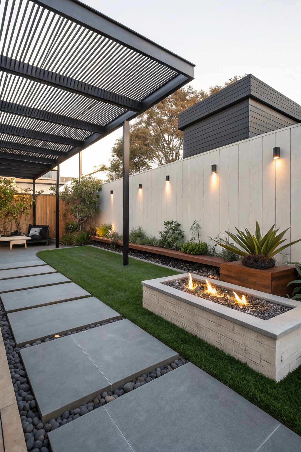 A modern backyard with a black slatted pergola, concrete fire pit, grass strip, and stone pavers set in gravel.