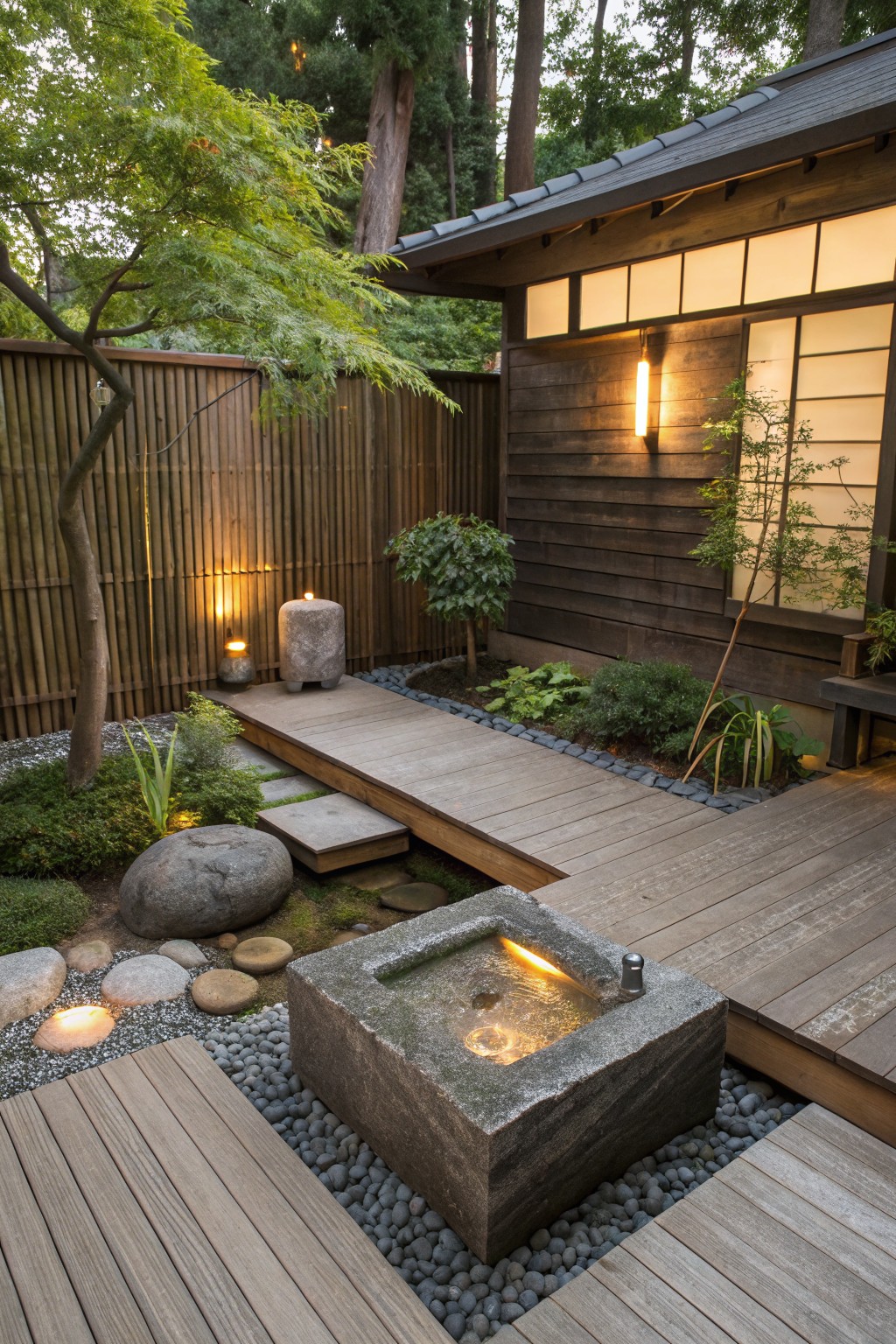 A square stone water basin with flowing water sits in a gravel bed beside wooden decking, with rocks, plants, and a wooden building visible in the background.