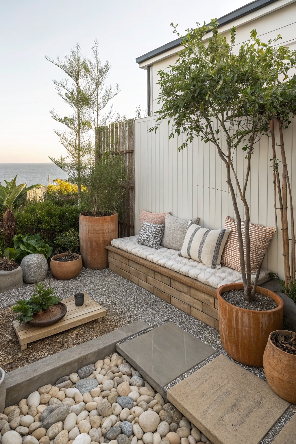 A long cushioned bench runs along a white wall in a gravel backyard, flanked by large terracotta pots and small plants, with the ocean visible beyond the fence.