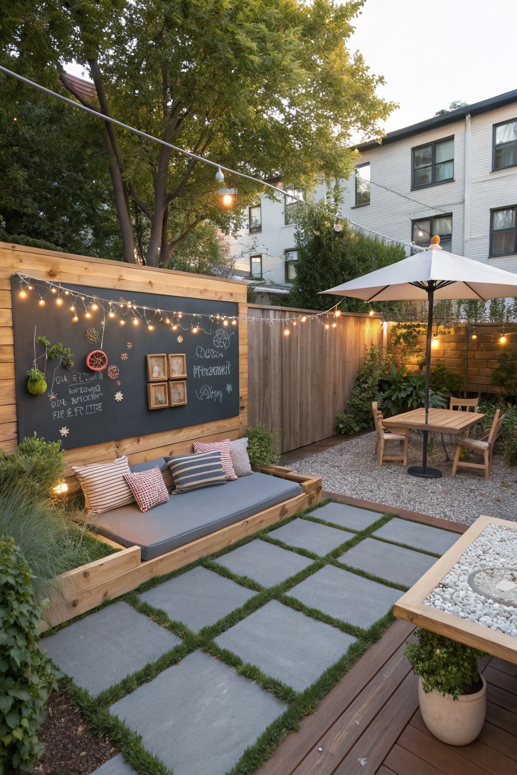 A backyard patio with a wooden built-in bench with cushions against a chalkboard wall, string lights overhead, paver and gravel sections, and an outdoor dining table with an umbrella.