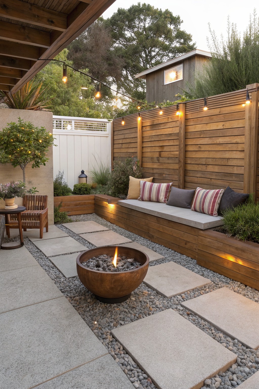 A small backyard with a built-in wooden bench along a fence, cushions on the bench, a round fire pit on gravel and pavers, and string lights overhead.