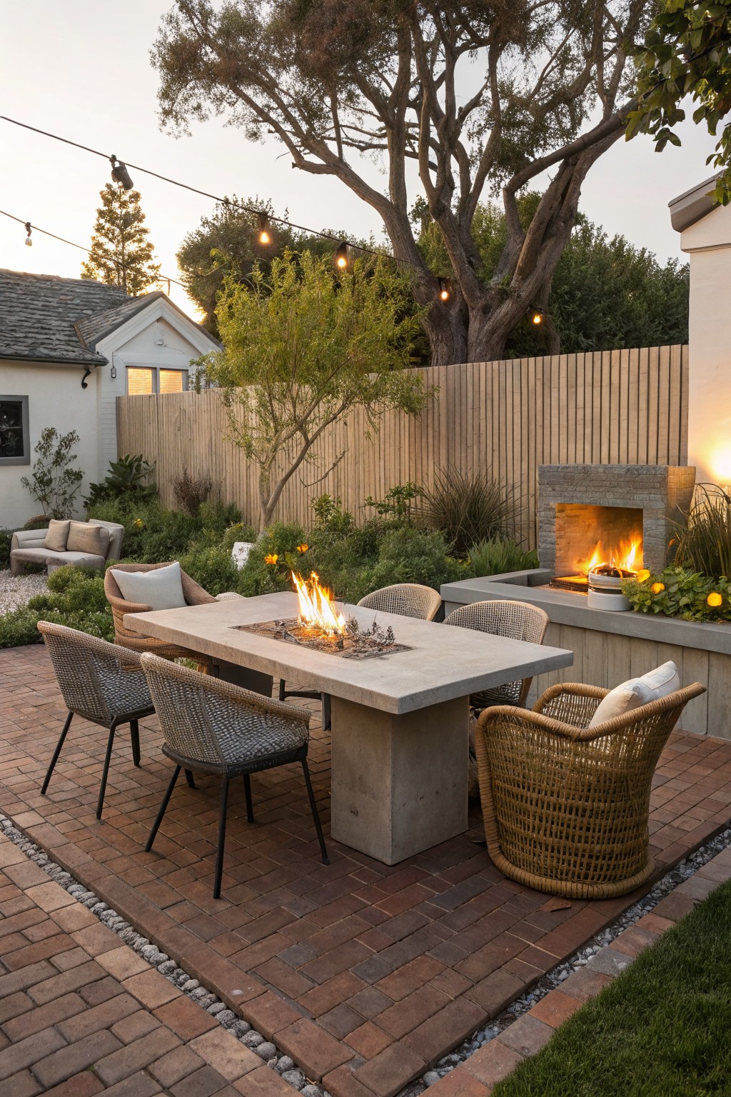 A rectangular concrete dining table with a built-in fire pit sits on a brick patio, surrounded by four woven chairs, with a stone outdoor fireplace visible to the right.