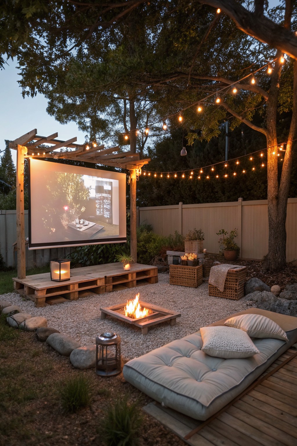 A backyard at dusk featuring a large projector screen on a wooden pergola, a central fire pit, string lights, and cushioned lounge seating on a wooden platform.
