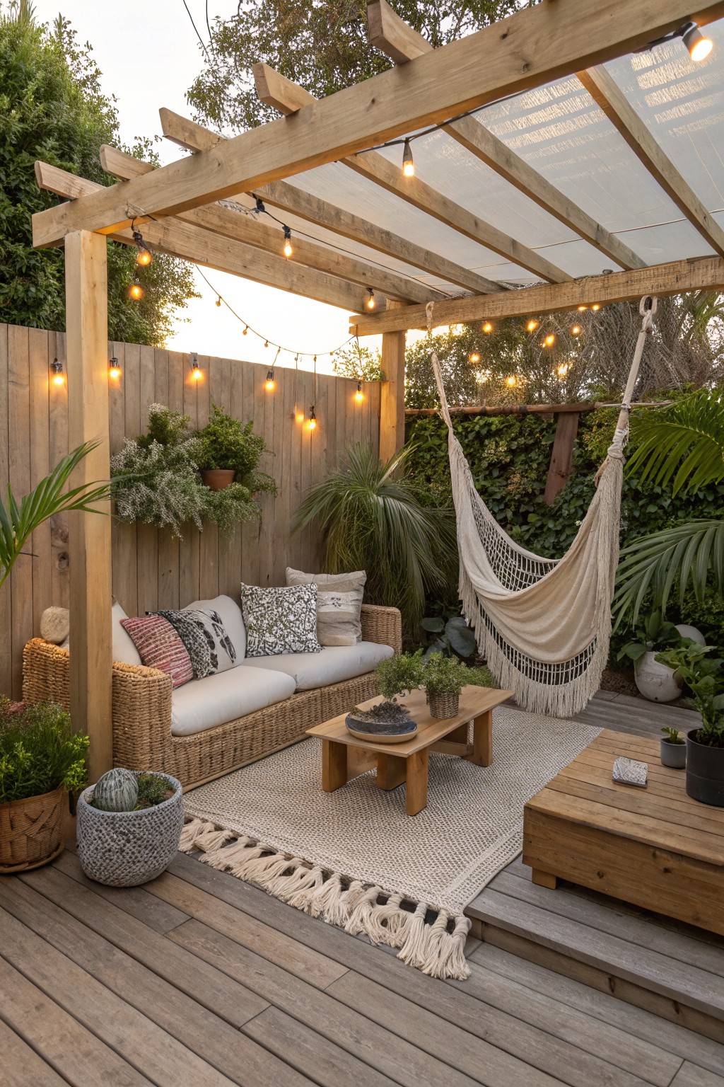 A wooden pergola with string lights covers a deck area that includes a wicker sofa with pillows, a hanging hammock, a low coffee table, and several potted plants.