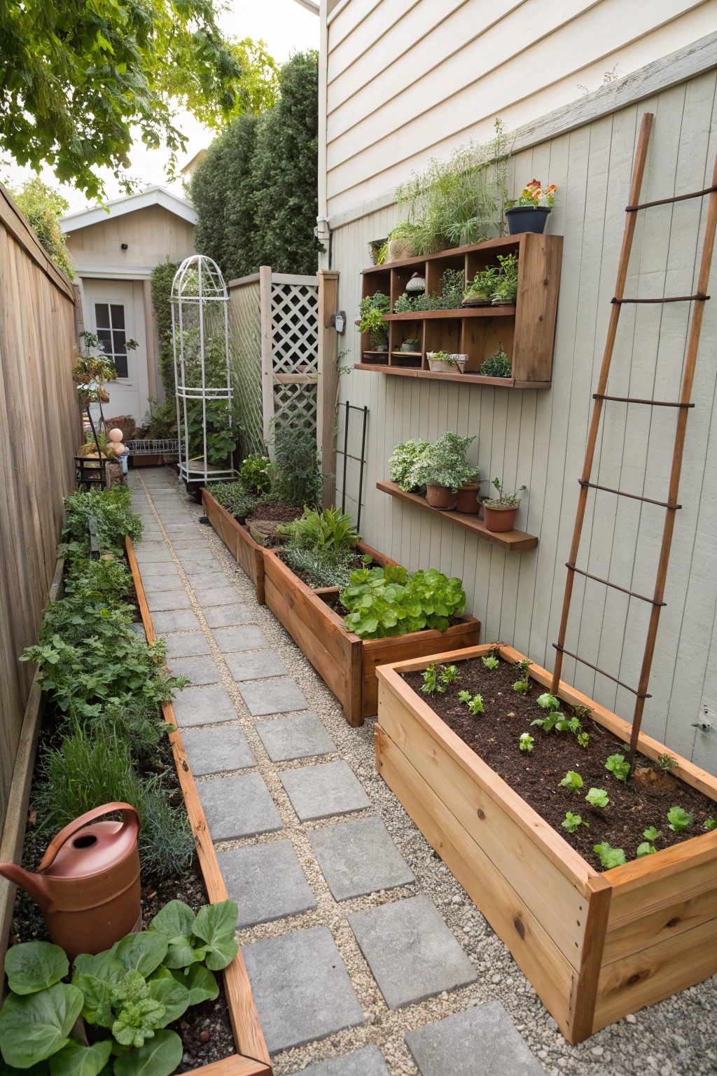 A narrow backyard with raised wooden garden beds lining a stone path and wall-mounted shelves holding potted plants.
