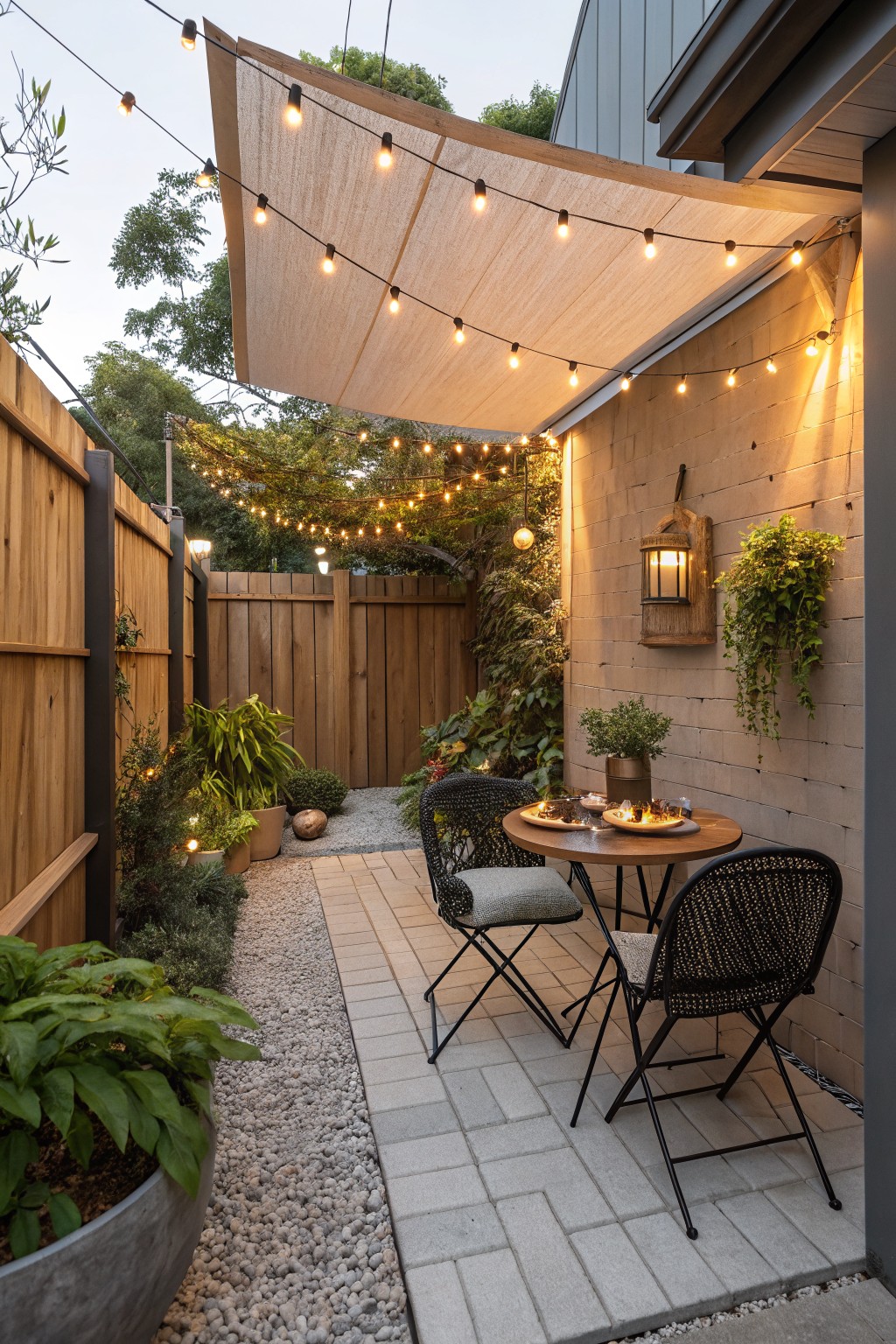 A small paved backyard patio with a round table, two woven chairs, a shade sail overhead strung with lights, potted plants along a gravel path, and a wooden fence in the background.