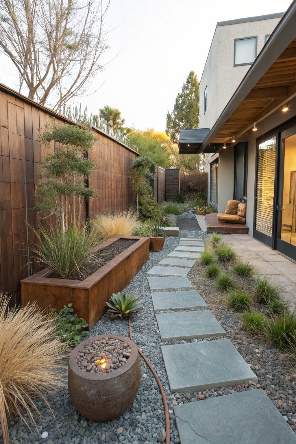 Modern backyard with stone pathway, fire pit, wooden planters and house entrance.