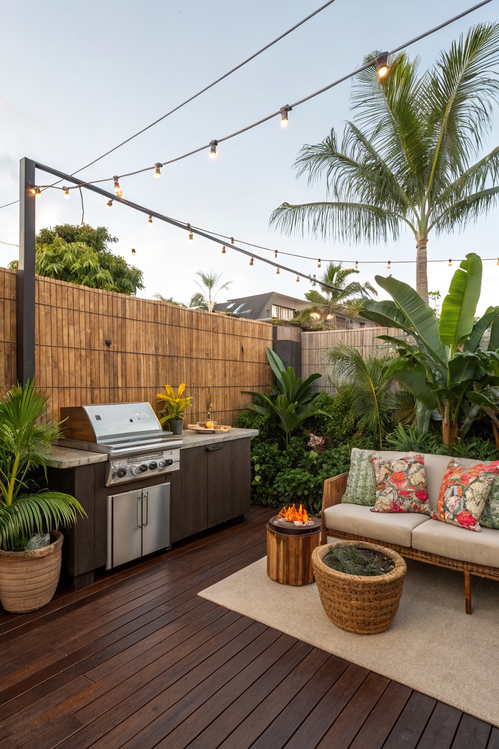 A small wooden deck with an outdoor kitchen along the fence, a sofa, a fire pit, and string lights overhead.