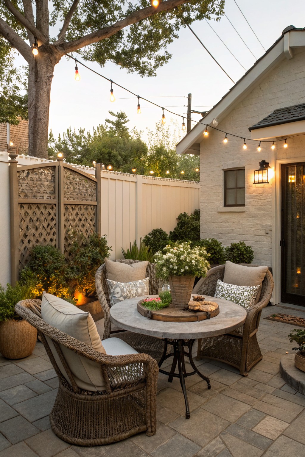 A small paved backyard patio with four wicker chairs around a round concrete table, string lights strung overhead, and potted plants beside a white house wall.