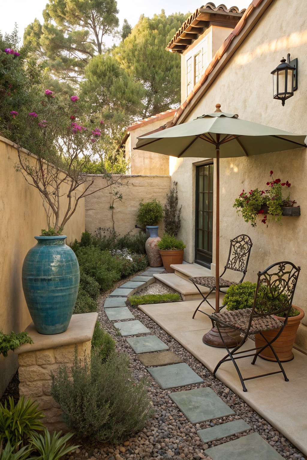 A small backyard with a winding path of gray stepping stones set in gravel, large turquoise and terracotta pots, metal chairs under a green umbrella, and a stucco house wall with plants.