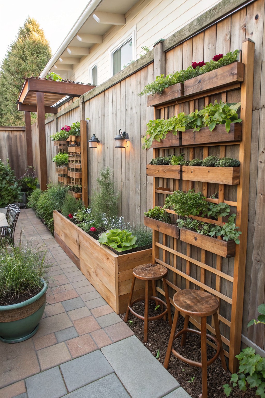 A backyard garden area featuring raised wooden beds and multiple tiers of attached wooden planters on a fence, with two wooden stools nearby.