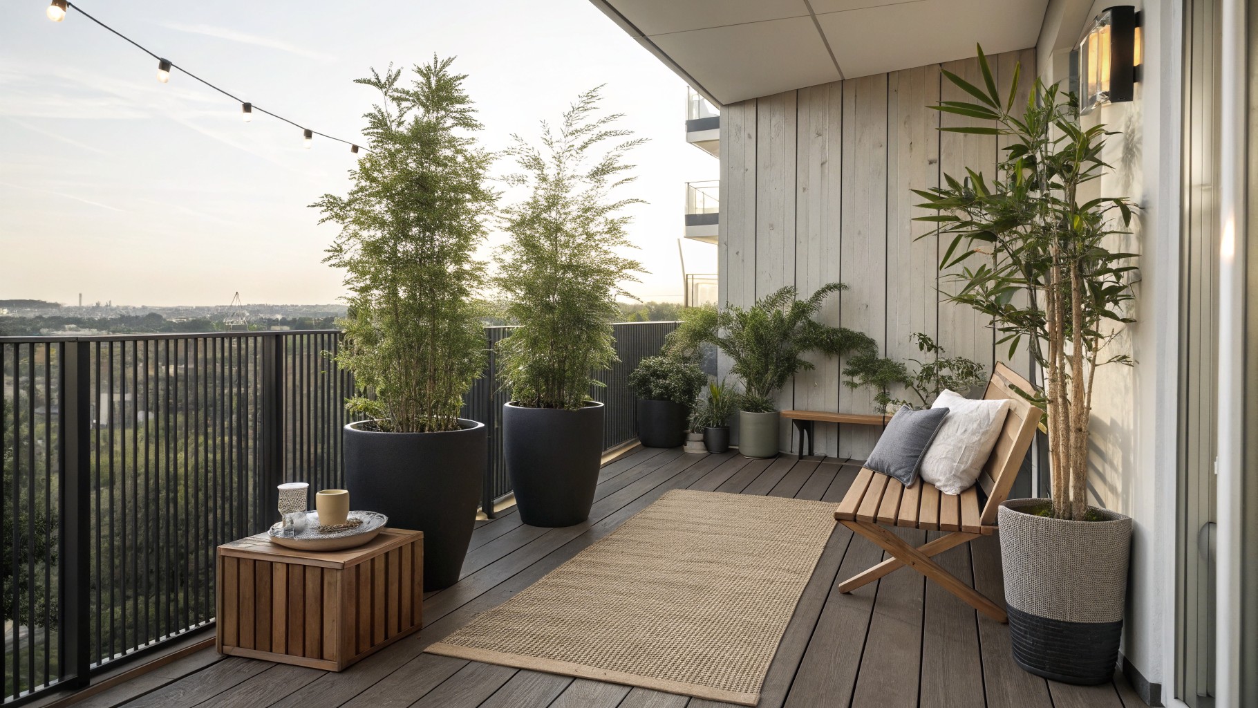 Modern balcony with wooden bench, tall bamboo plant, string lights, and woven rug at dusk