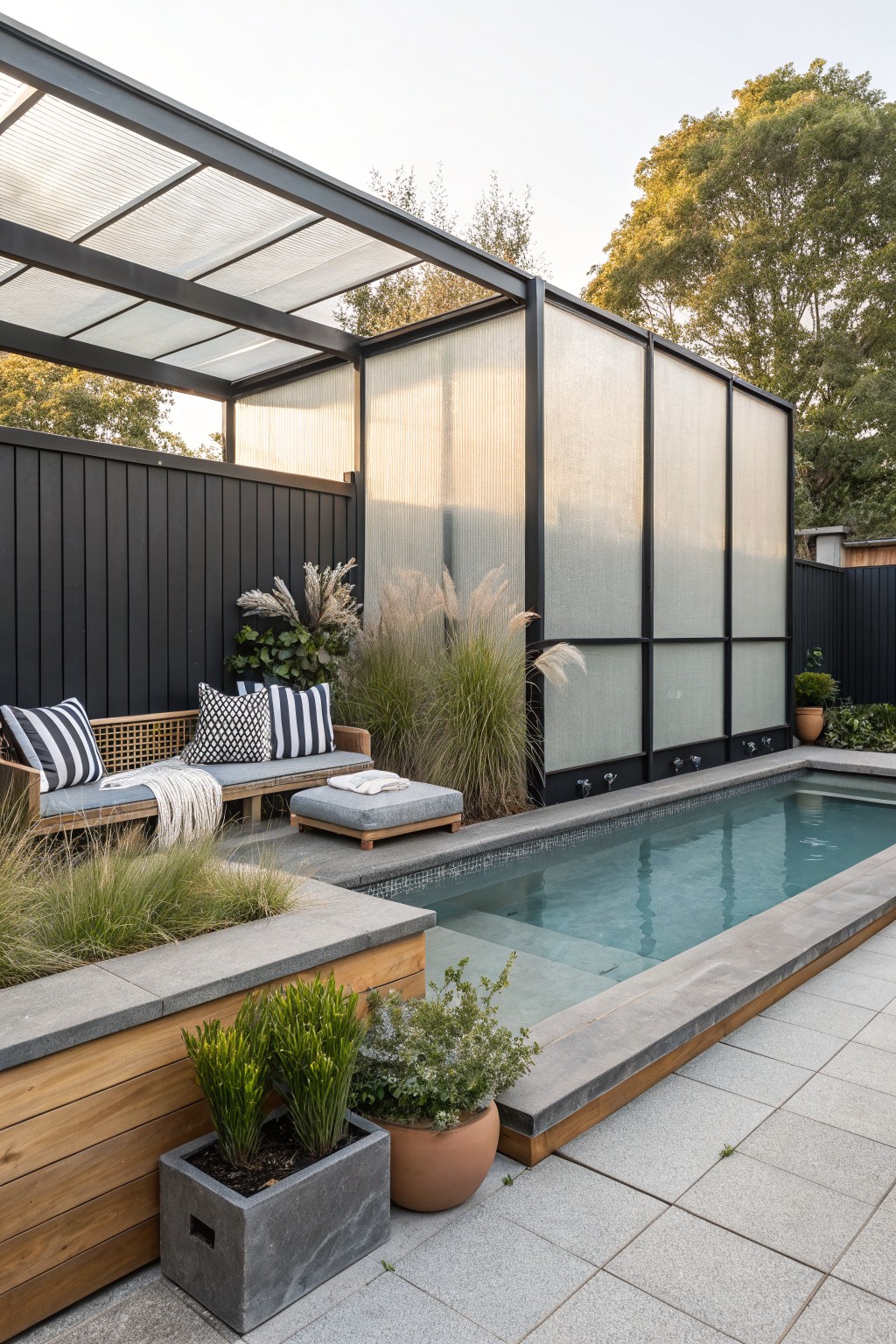 A backyard pool area bordered by a long row of frosted glass panels in black frames, with a wooden bench and cushions on the left side.