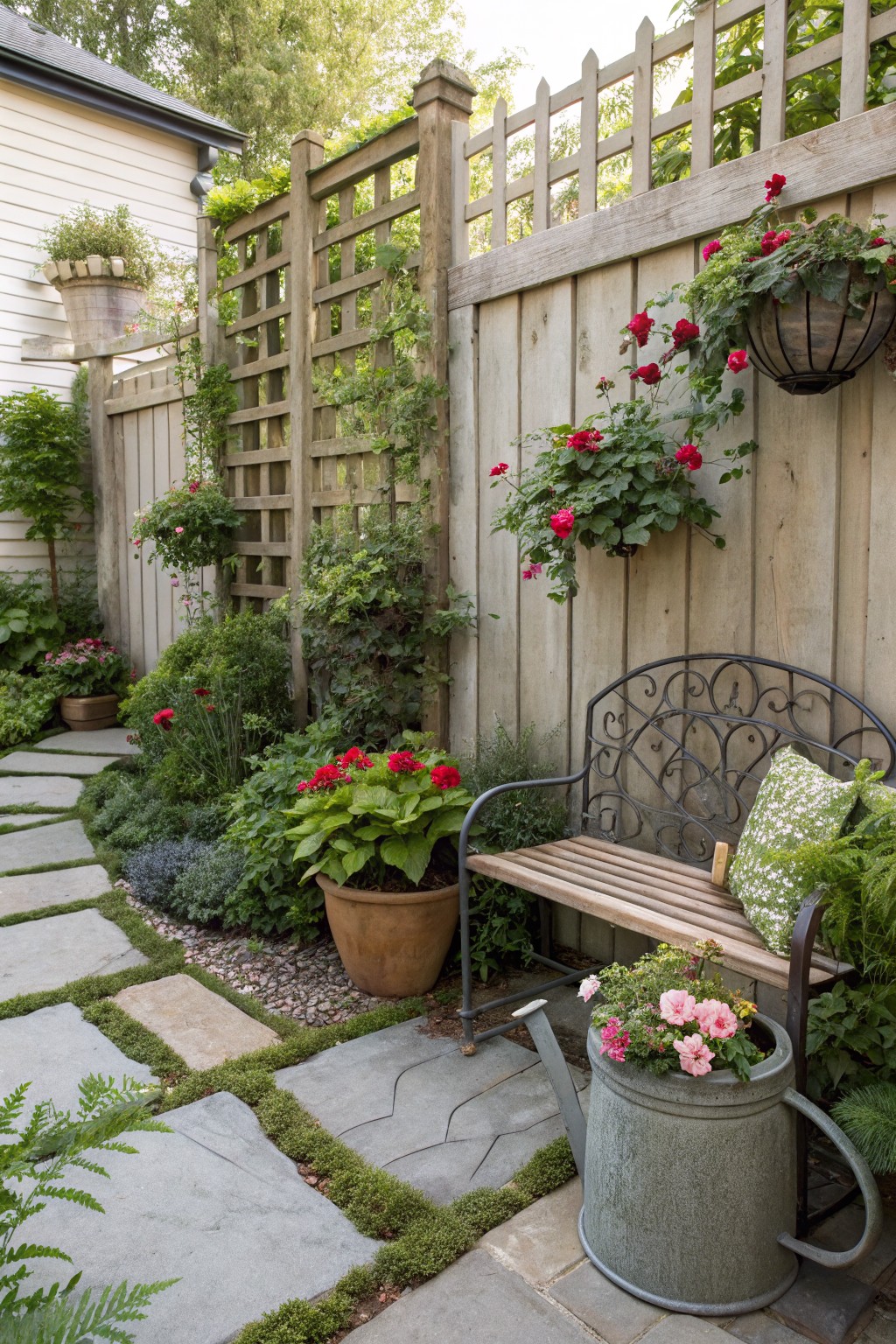A wooden backyard fence with lattice sections covered in climbing vines, hanging flower baskets, a metal bench with a pillow, and a stone pathway bordered by potted plants.