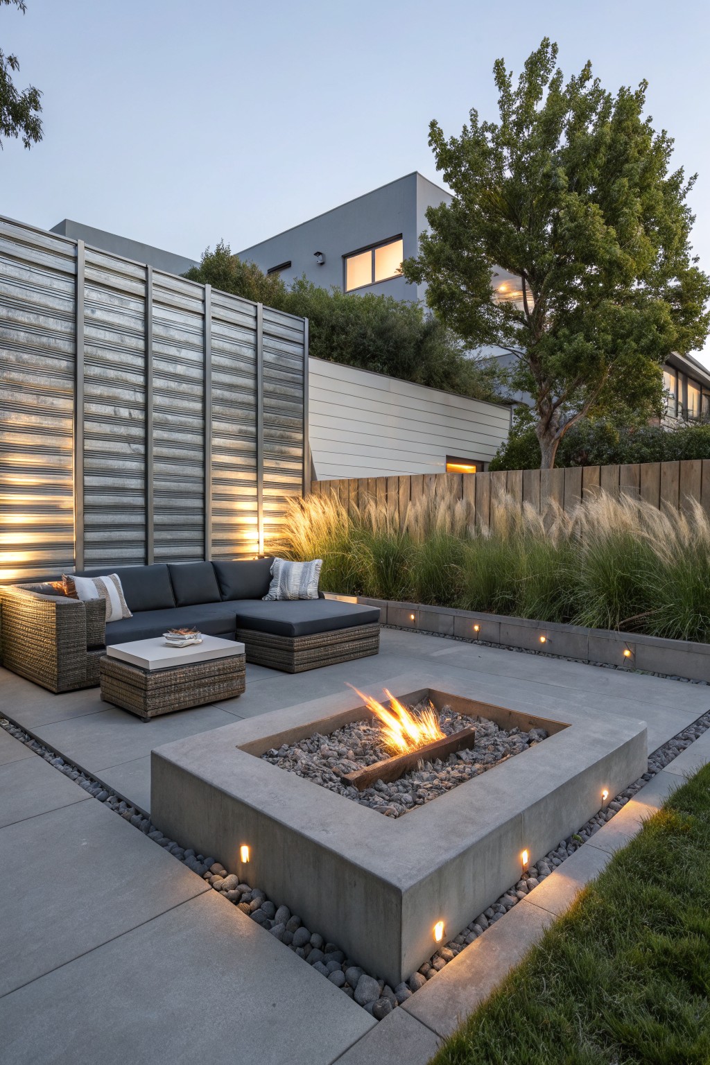 A modern backyard patio with a concrete fire pit, sectional seating, and tall ornamental grasses growing along a metal wall and wooden fence.