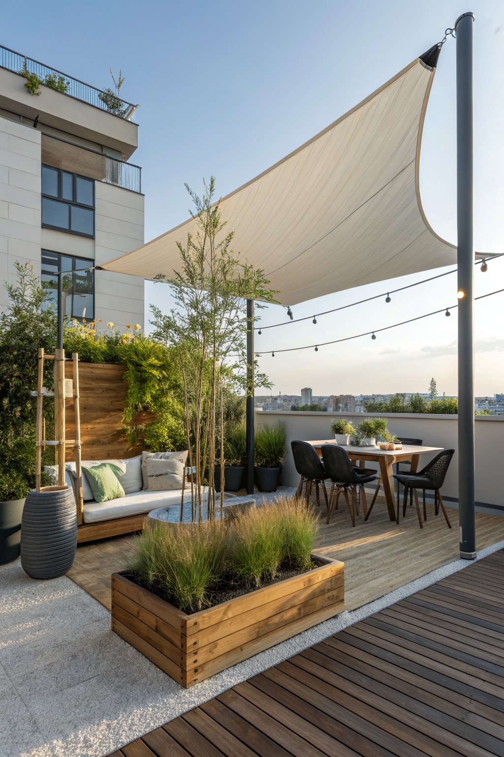 Rooftop terrace with a large white shade sail over a dining table and lounge seating, surrounded by wooden planters and potted plants.