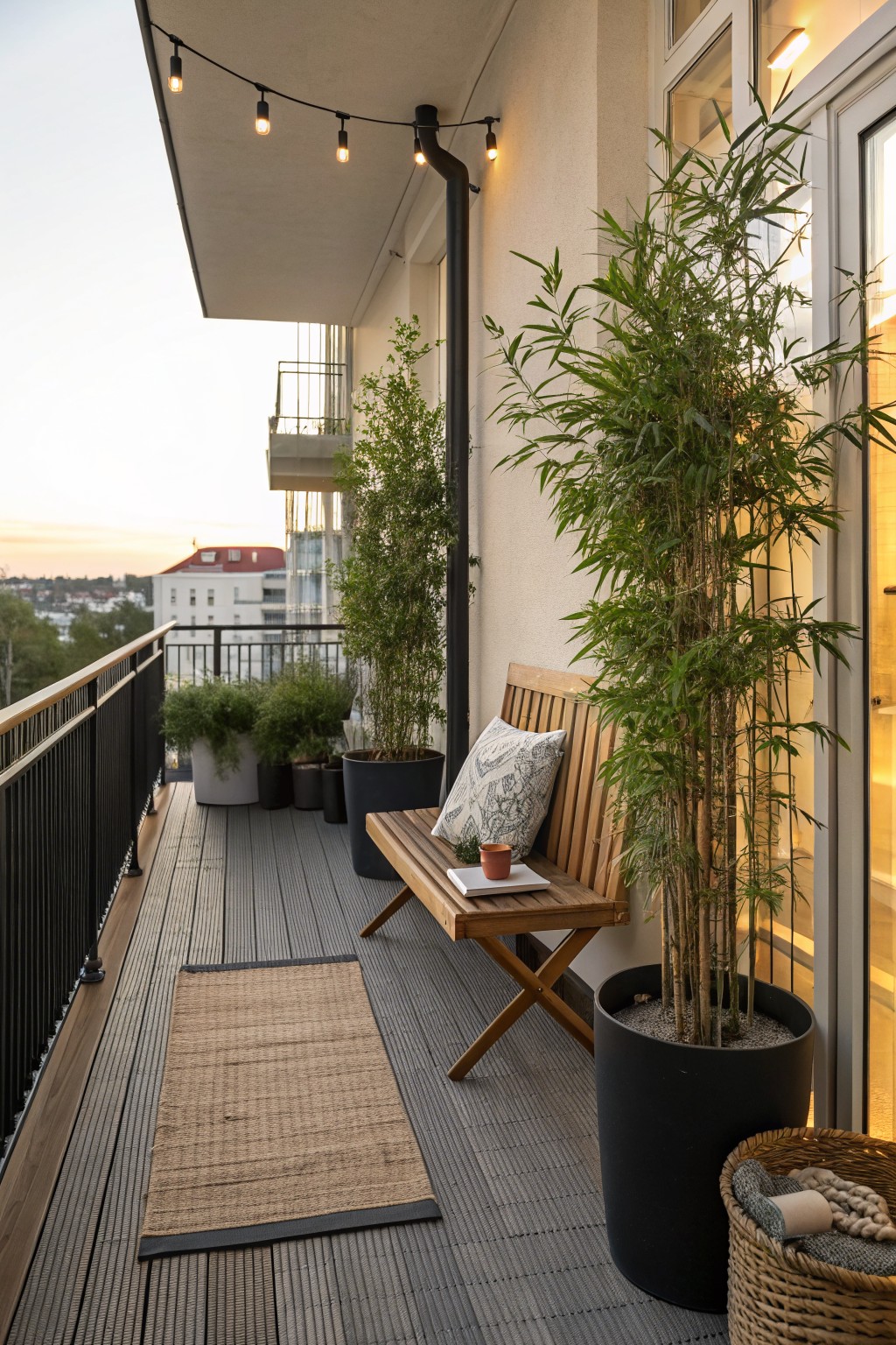 Modern balcony with wooden bench, tall bamboo plant, string lights, and woven rug at dusk