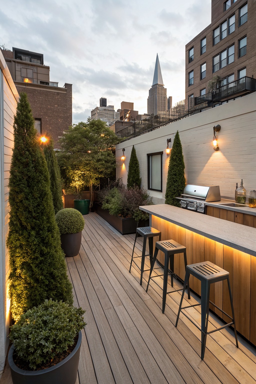 A narrow wooden deck with a built-in bar, three metal stools, a grill, and several tall evergreen trees in dark pots placed along the sides against a white brick wall.