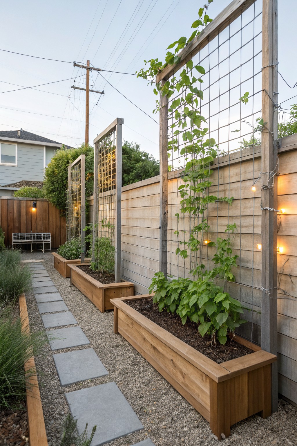 A backyard side yard with wooden raised beds, tall posts holding wire grid trellises covered in climbing vines, and a gravel path with stone pavers.