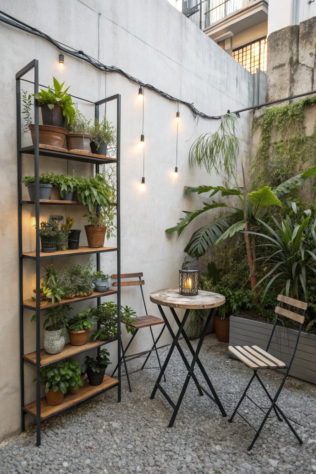 A narrow gravel courtyard with a tall black metal shelving unit filled with potted plants against a concrete wall, a round table with a lantern, two folding chairs, string lights overhead, and dense greenery along the side walls.