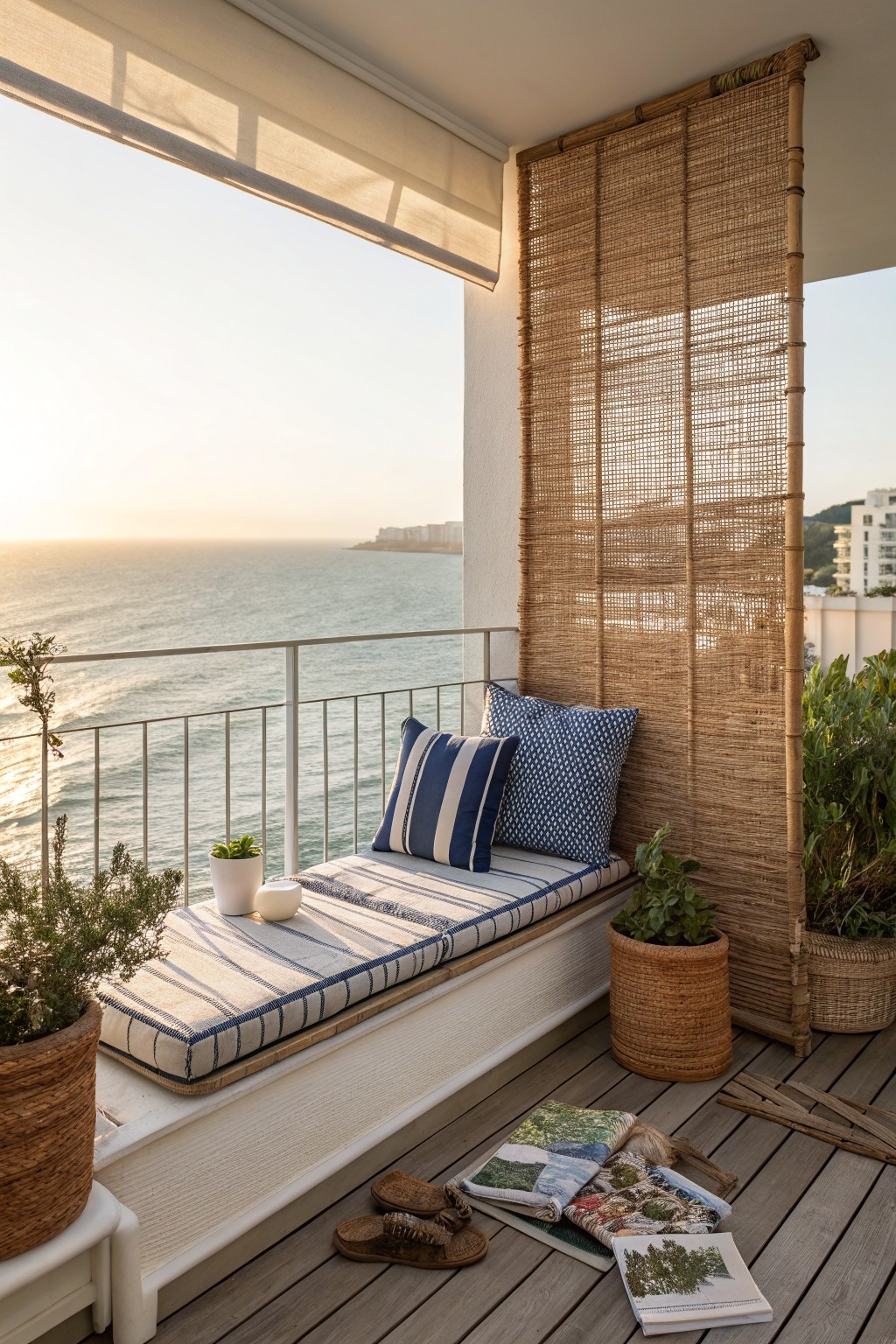 A balcony with a cushioned bench, blue pillows, potted plants, and a tall woven bamboo privacy screen overlooking the ocean.