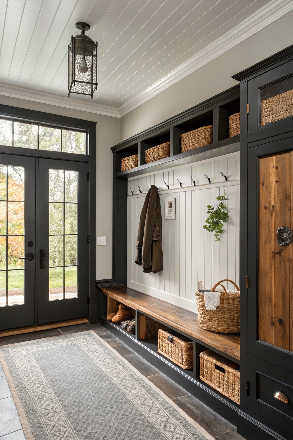 A farmhouse mudroom with black painted built-in cabinetry and shelving.