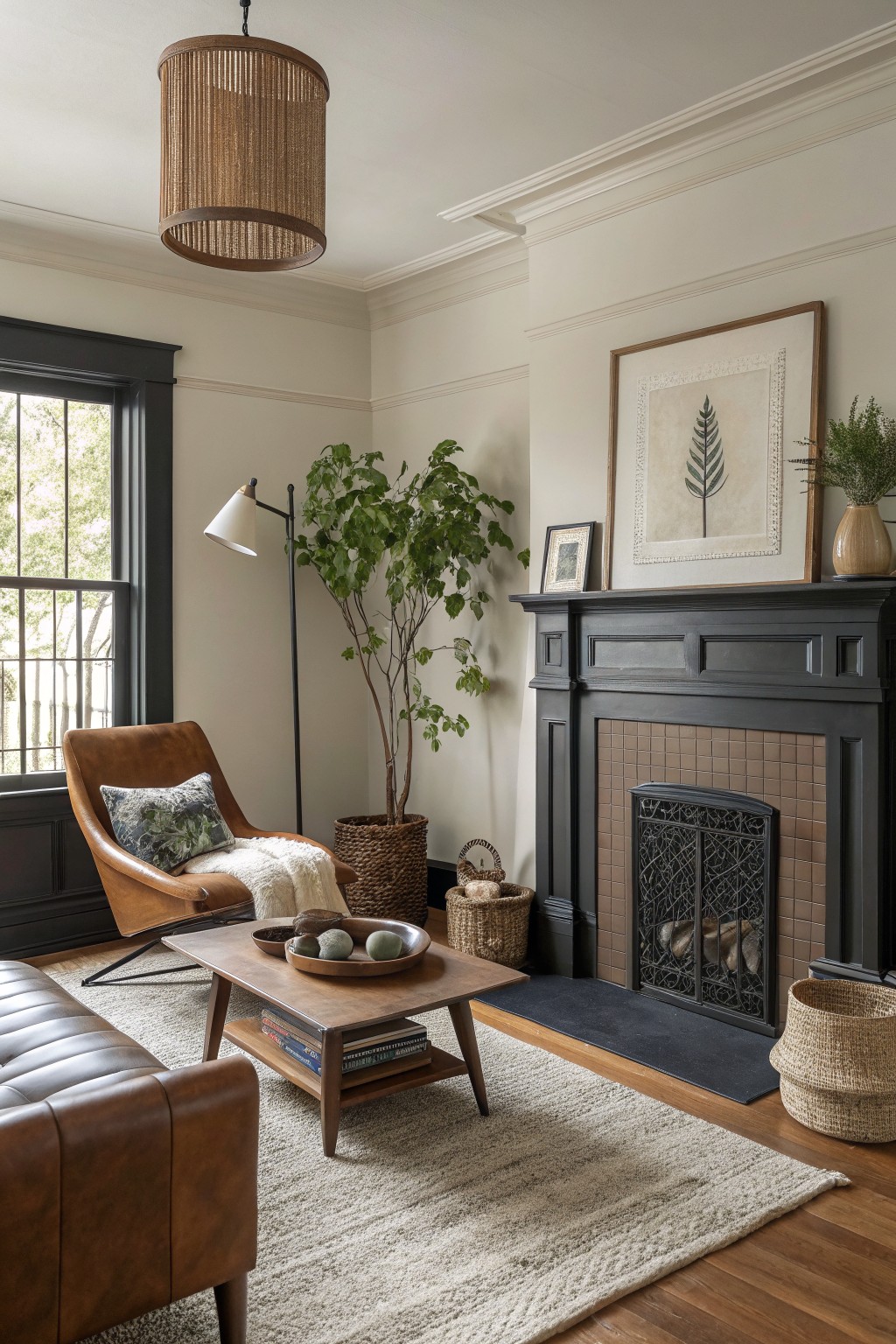 Black painted trim and fireplace mantel in a light-walled living room.