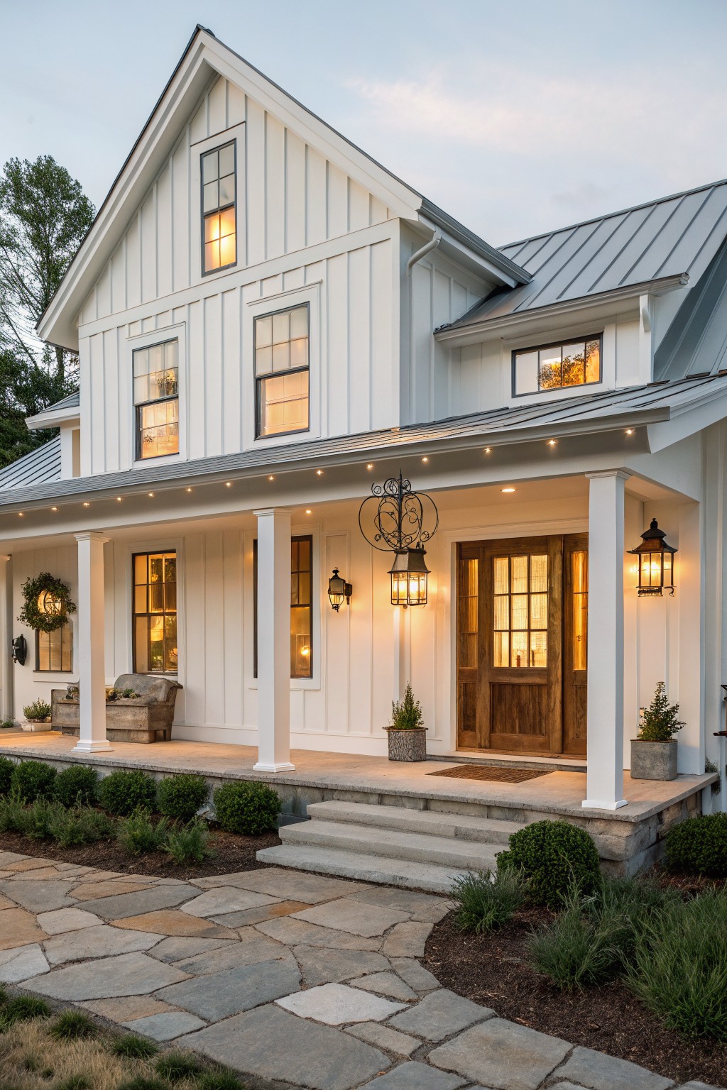 White siding and trim on a farmhouse exterior.