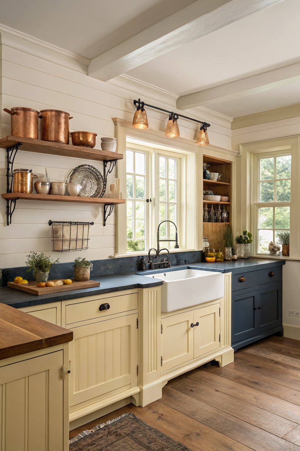 Bright country kitchen with cream cabinets, blue island, white sink, and copper shelves