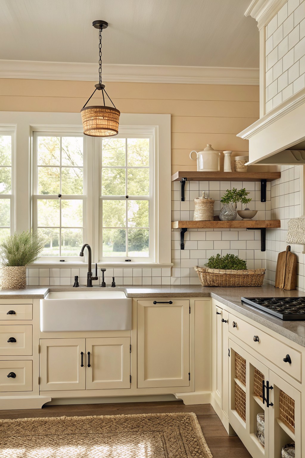 Cream painted cabinets and trim in a farmhouse kitchen with wood shelves and a white farmhouse sink.