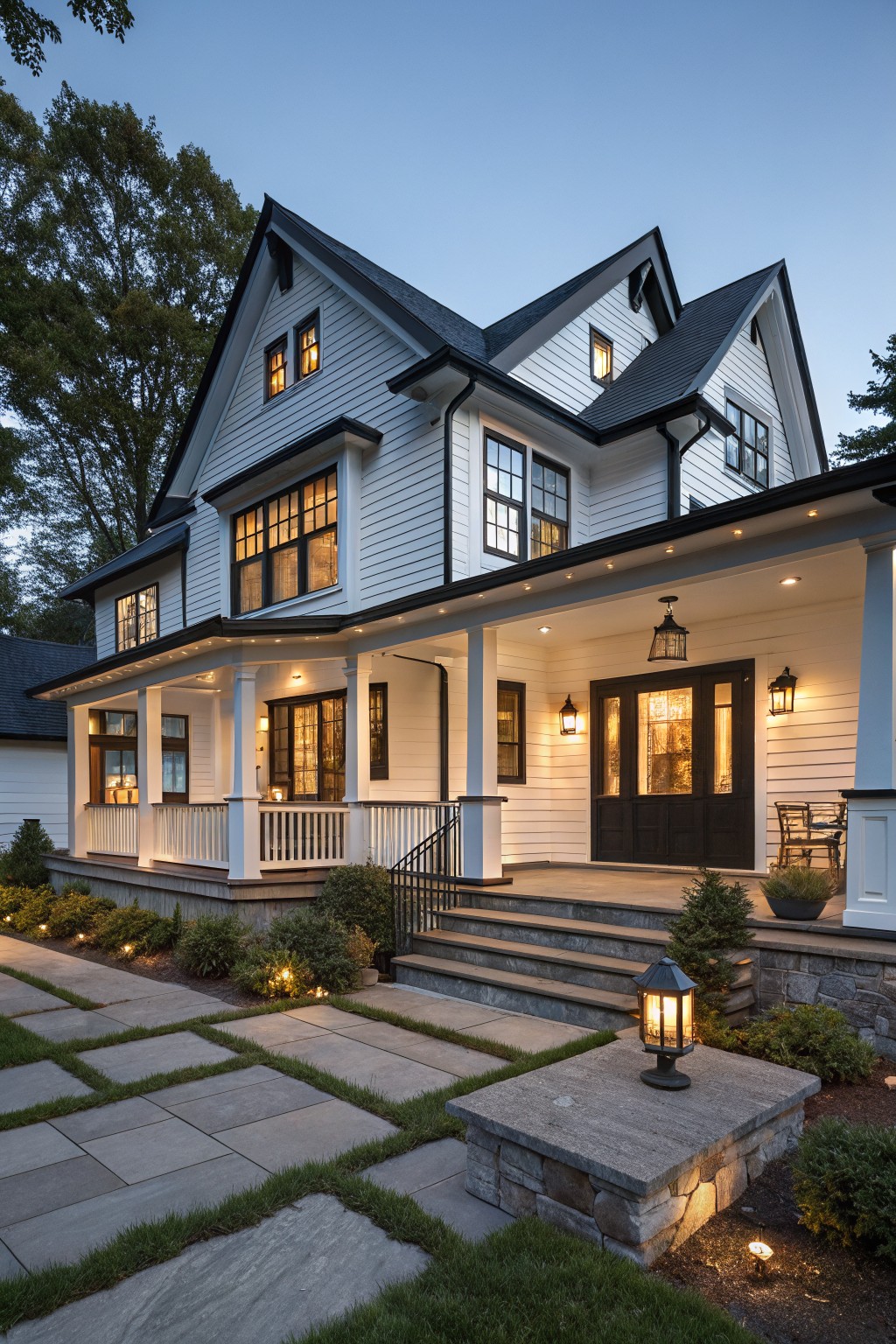 White siding on a two-story farmhouse with black trim and a covered porch.