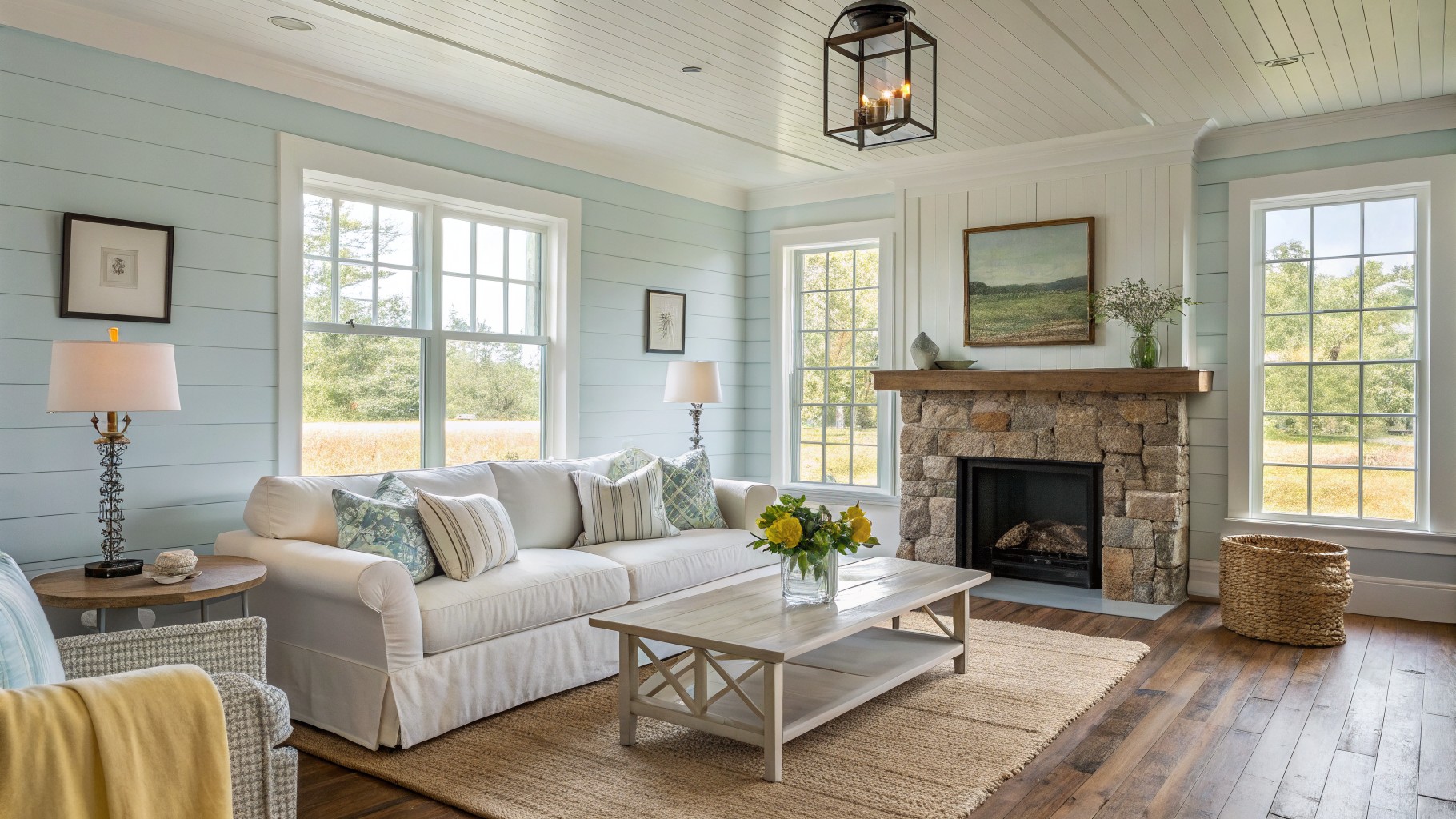 White trim and paneling in a farmhouse living room with wood floors.