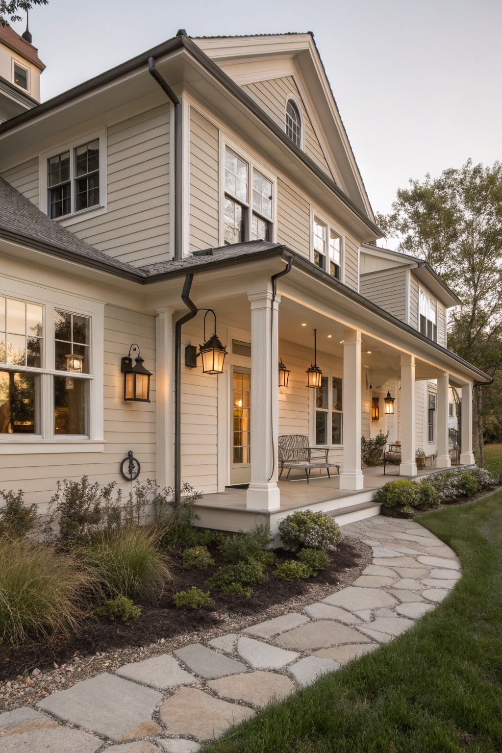 A farmhouse exterior painted in light cream siding with white trim and a stone path.