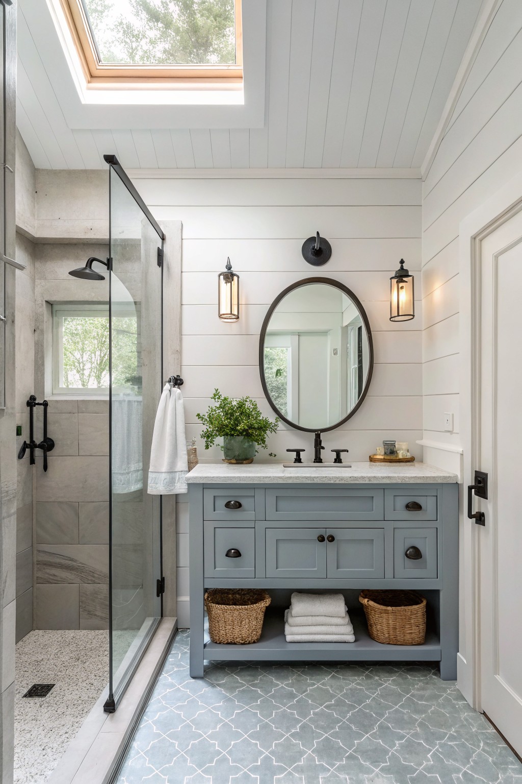 A soft blue gray painted vanity cabinet in a white bathroom.